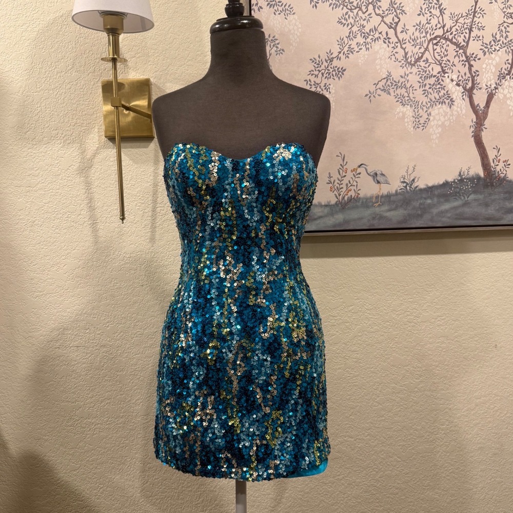 Scala Teal and Gold Sequin Strapless Mini Dress